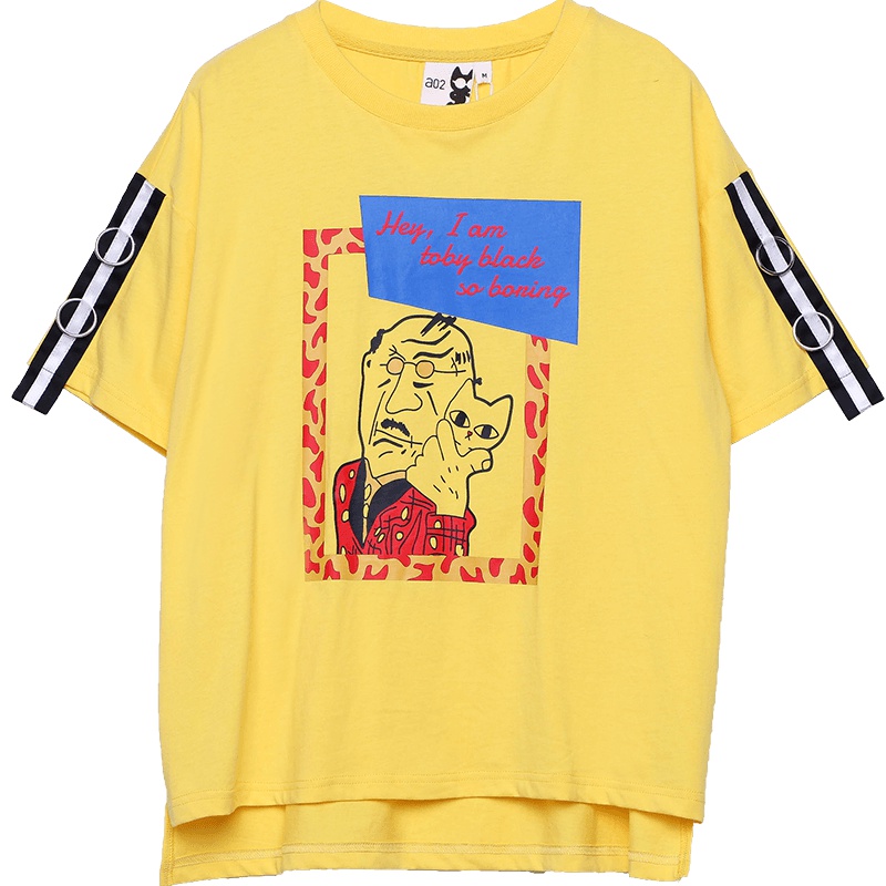 a02新款2020潮流玩趣印花袖口飘带拼接宽松T恤女DTU1B0301KT