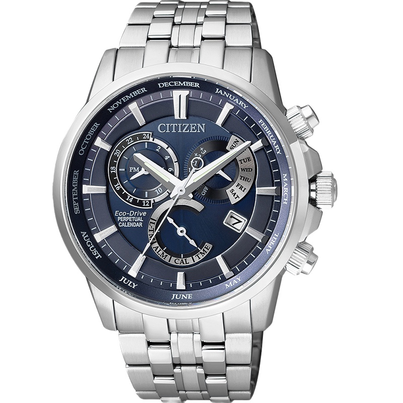 西铁城(CITIZEN)手表日本光动能蓝色表盘三眼万年历多功能时尚休闲商务男表BL8141-87L