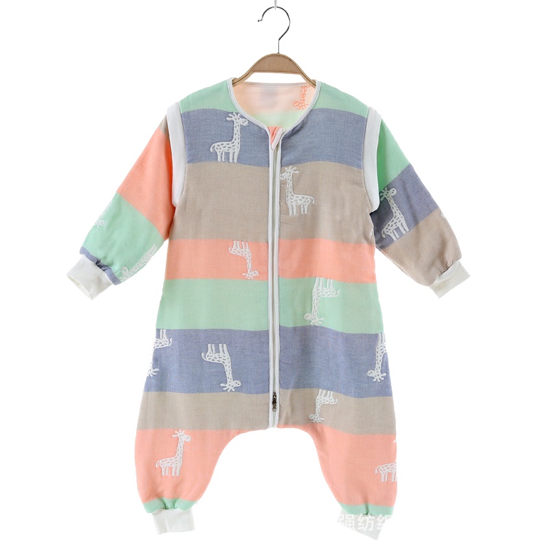丝曼雅 春季纯棉加厚六层纱布爬服 防踢连体婴儿睡袋分腿可拆袖纱布爬服