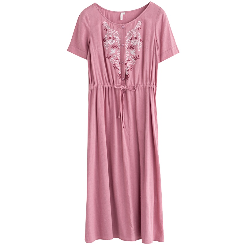 茵曼2019夏装新款圆领短袖文艺绣花抽绳宽松A摆连衣裙中长裙女