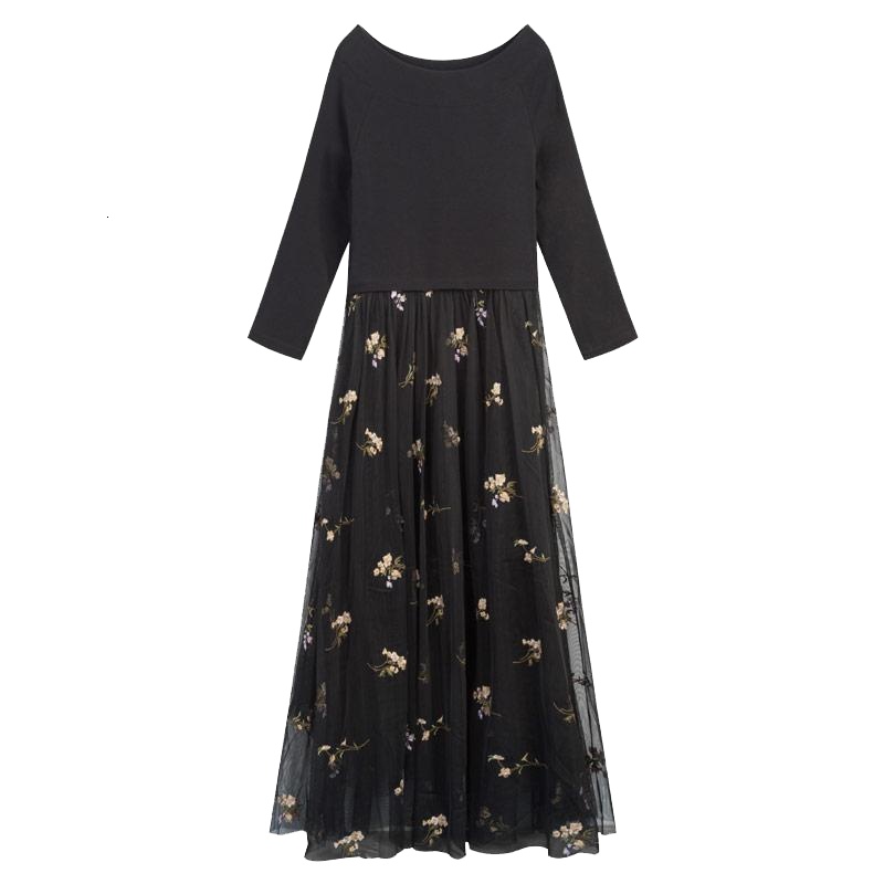 拉夏贝尔黑色连衣裙女装夏装新款韩版网纱高腰假两件中长裙子_72 S 混色