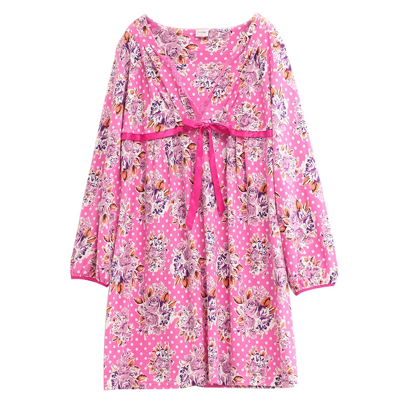 雪仙丽新款睡衣女纯棉长袖宽松时尚春夏天韩版中长睡裙可外穿V领