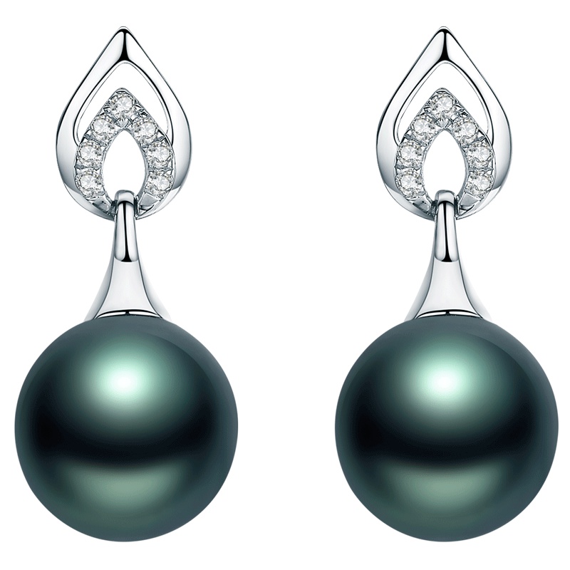 brir 佰色传情 正圆9-10mm大溪地黑珍珠耳钉耳环女18K金钻石正品女