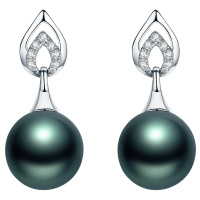 brir 佰色传情 正圆9-10mm大溪地黑珍珠耳钉耳环女18K金钻石正品女