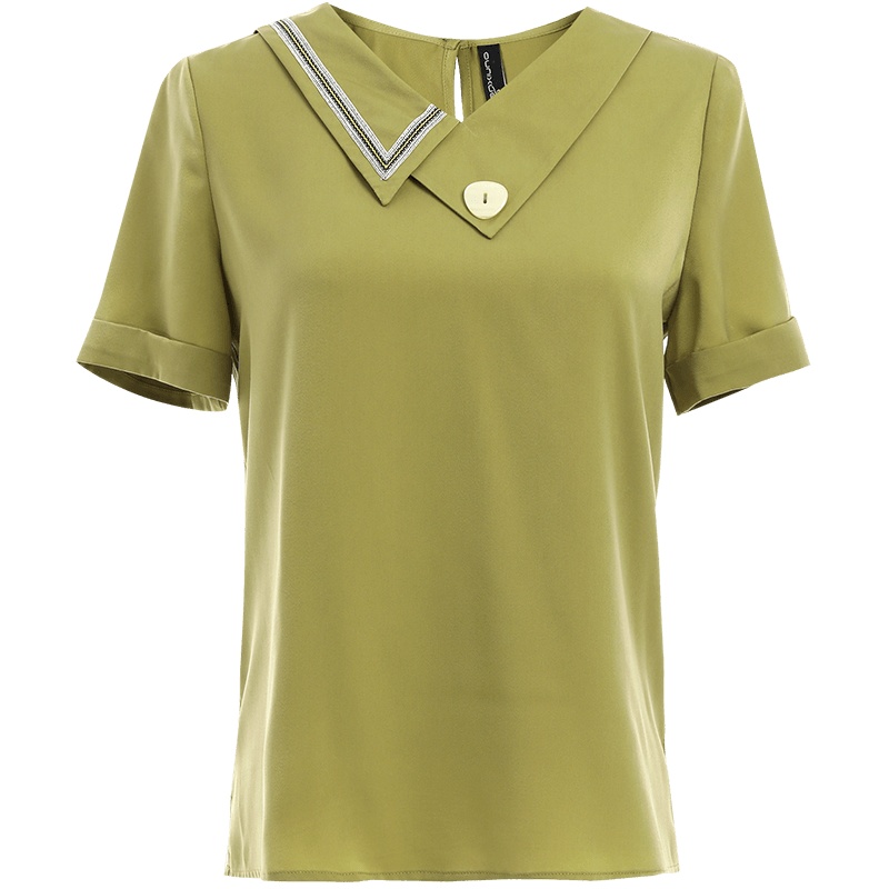 欧昵雪夏季时尚不规则V领设计感小众衬衫女显瘦短袖上衣