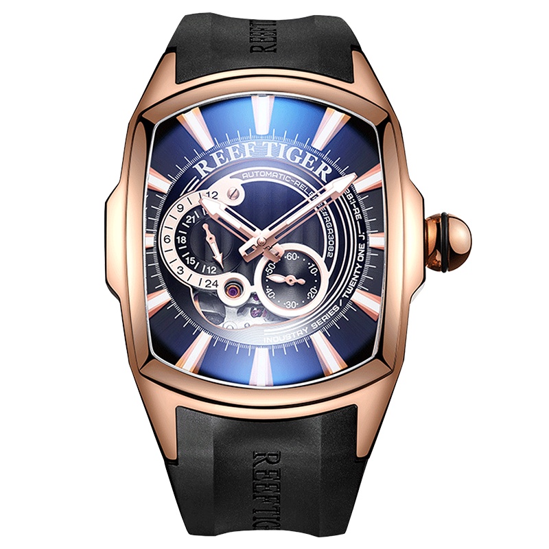 瑞夫泰格(reef tiger)个性大表盘全自动机械表男士手表橡胶带酒桶形时尚防水夜光潮男坦克表RGA3096S