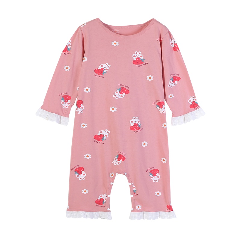 精典泰迪女童连体睡衣宝宝春夏新款花边家居服儿童长袖哈