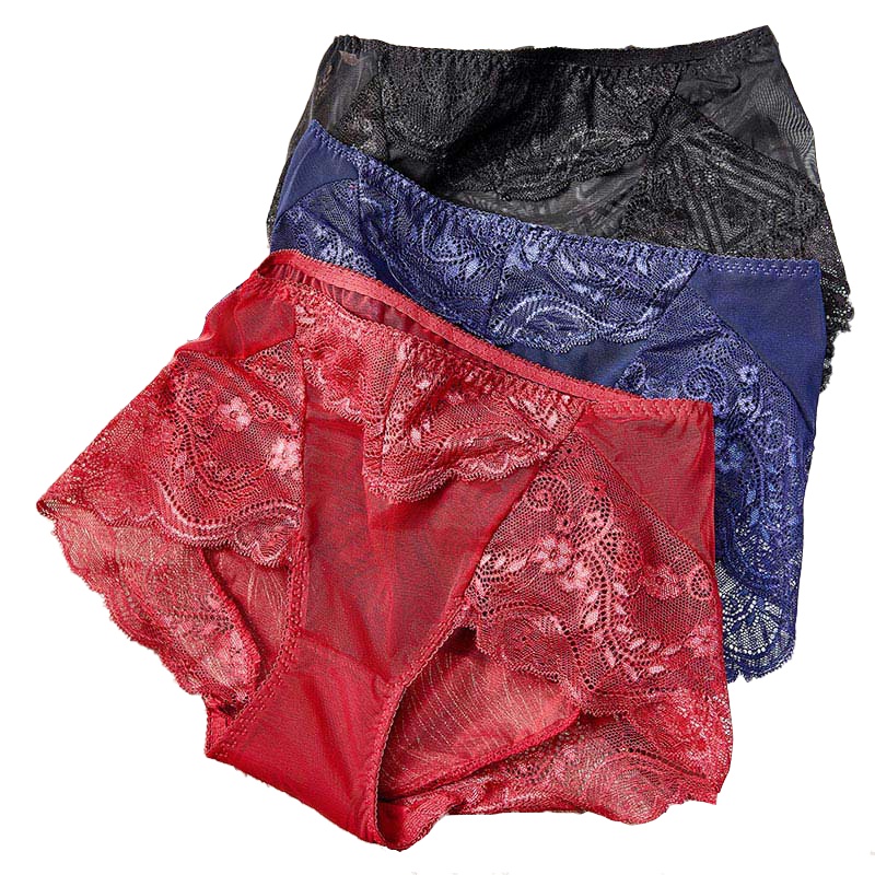 ENK 3条中腰性感火辣超薄纱冰丝女士三角裤蕾丝内裤