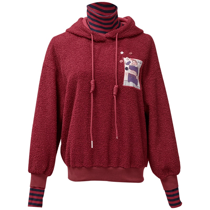 欧昵雪冬装连帽条纹半高领人像贴图毛绒卫衣女上衣