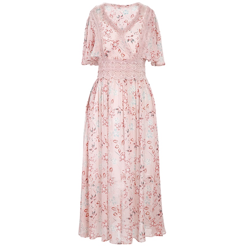 三彩2020夏季新款V领荷叶袖胖mm仙裙大码装显瘦连衣裙