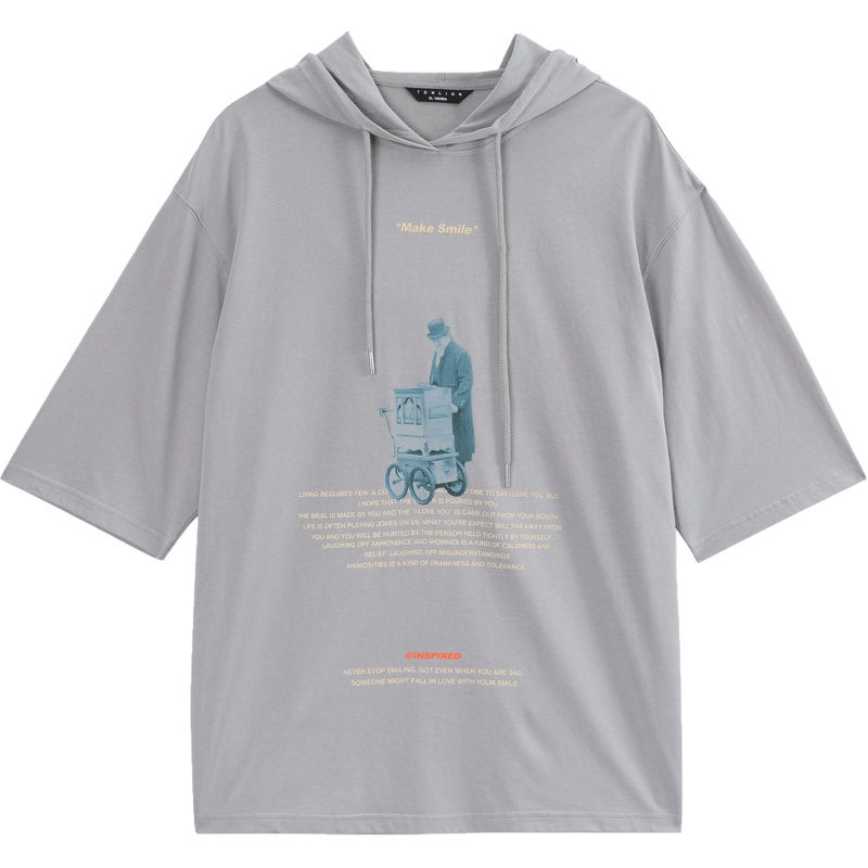 唐狮2019夏季新款短袖卫衣男连帽半袖五分字母图案T恤宽松薄款潮