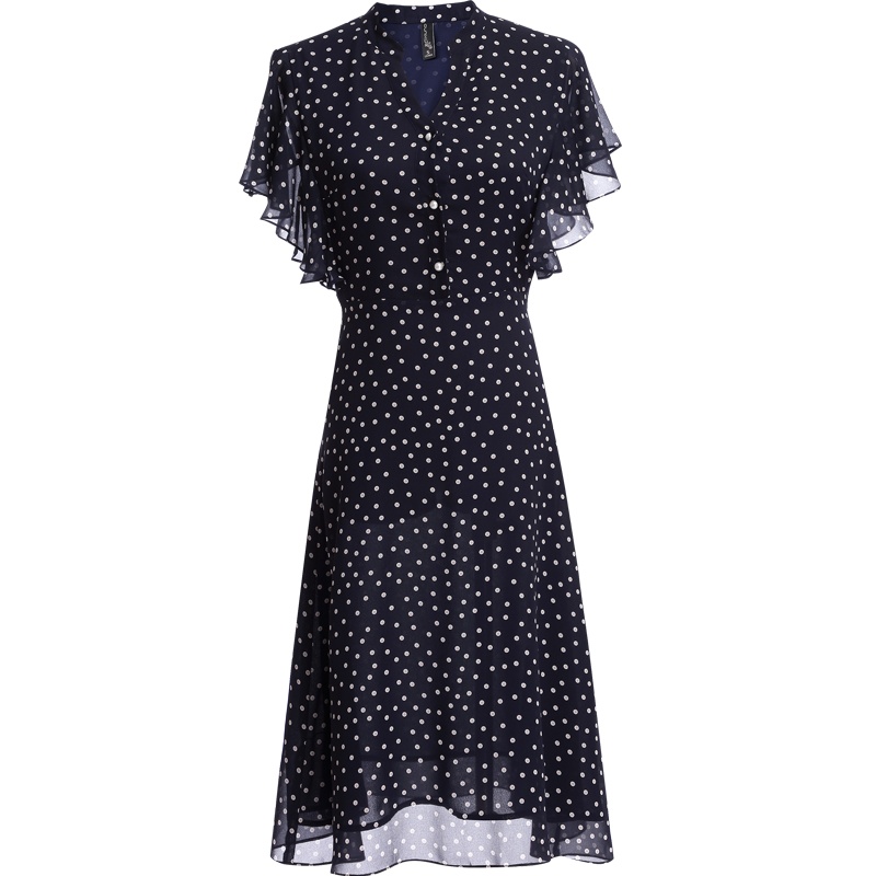 欧昵雪夏季半开领荷叶边飞飞袖高腰波点雪纺连衣裙女短袖