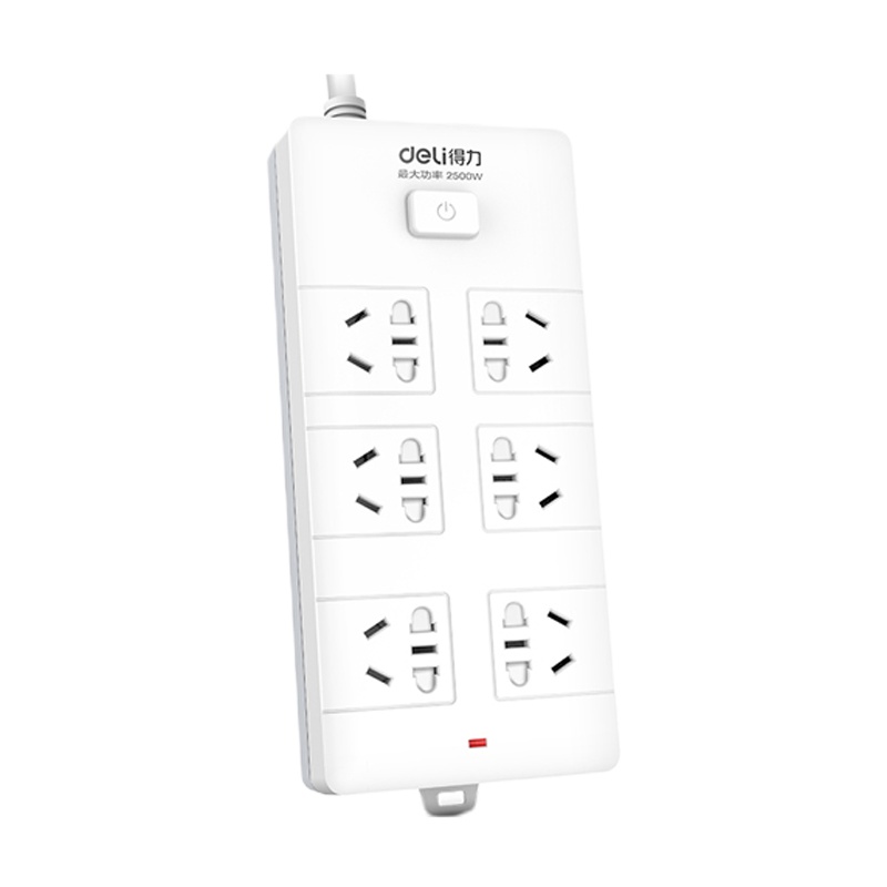 得力(deli)18267新国标 50mm大孔距插座 6位组合孔3米 总控开关插座/插排/插线板 白色