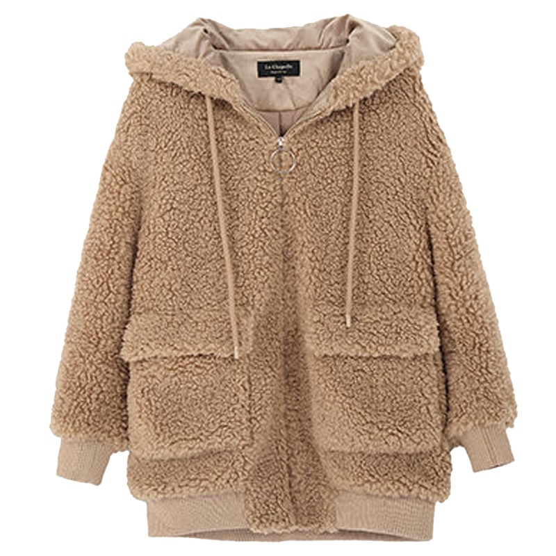 拉夏贝尔春季韩版人造毛女士时尚宽松长袖连帽加厚夹克外套潮10019482