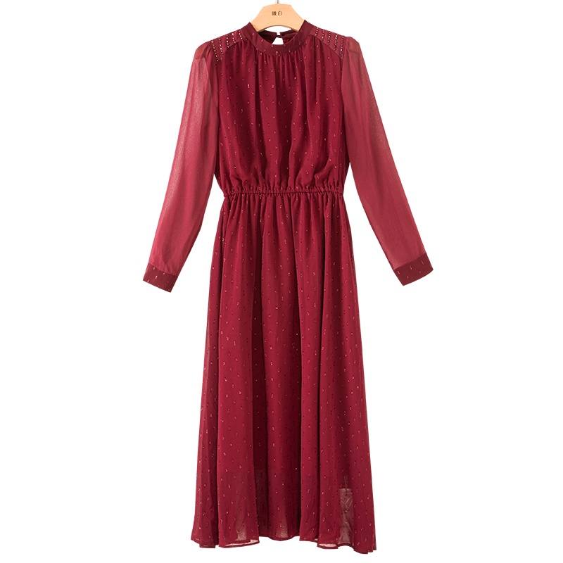 晚白2021春季新品修身显瘦立领长袖A字雪纺裙松紧高腰连衣裙女