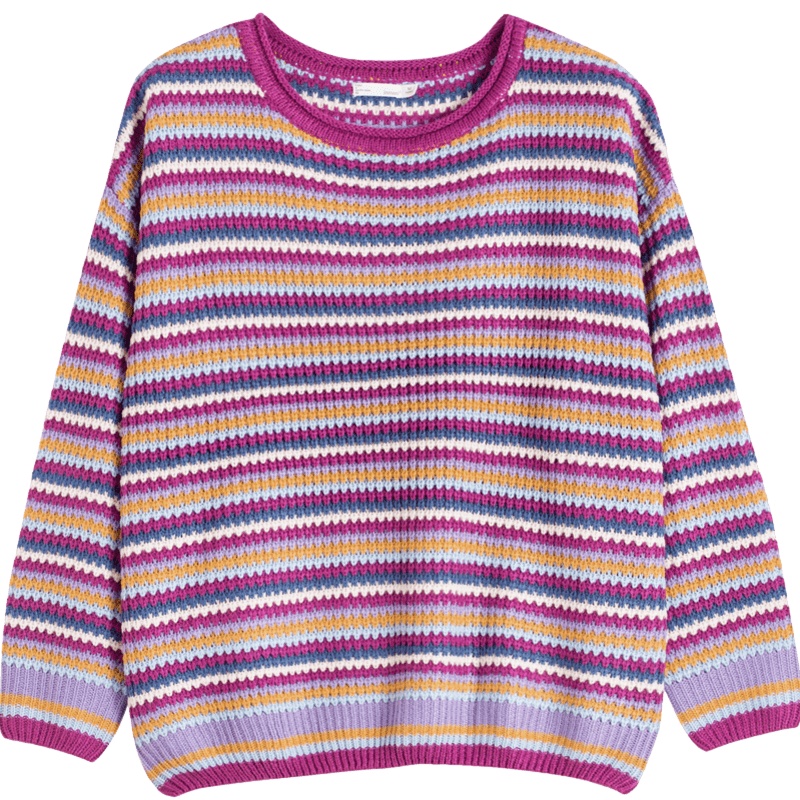 茵曼2019秋装新款圆领彩色条纹套头宽松彩虹针织慵懒夏加尔毛衣女