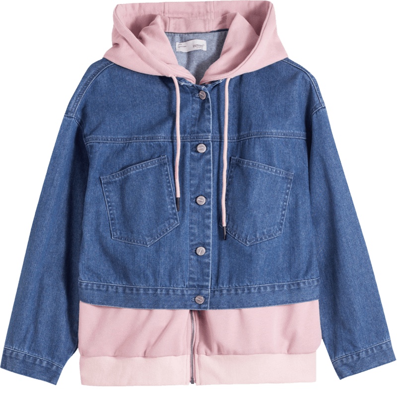 茵曼短外套2019秋装新款卫衣牛仔撞色拼接假两件女上衣个性外衣