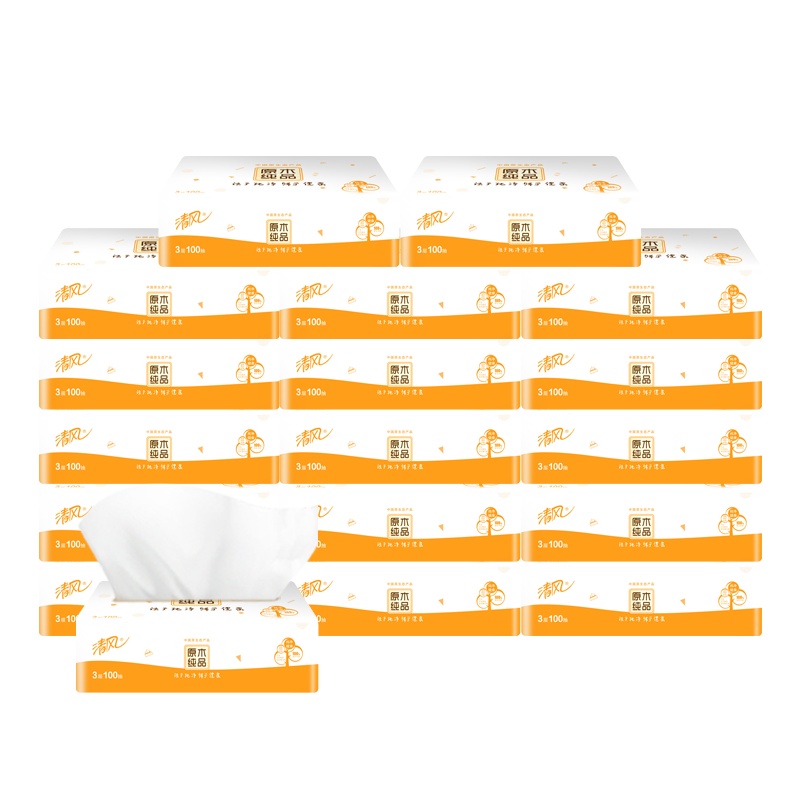 清风 抽纸 原木纯品系列 3层100抽18包 餐巾纸 面巾纸 擦手纸