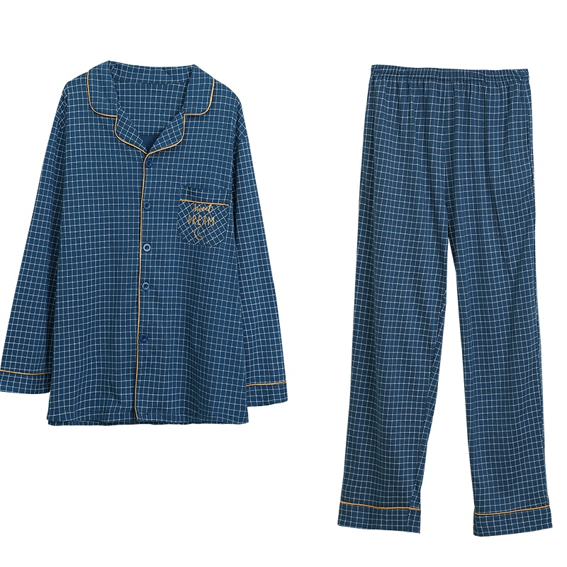 红豆居家21年春季新款男士纯棉长袖睡衣男式小格纹优雅休闲风家居服套装可外穿