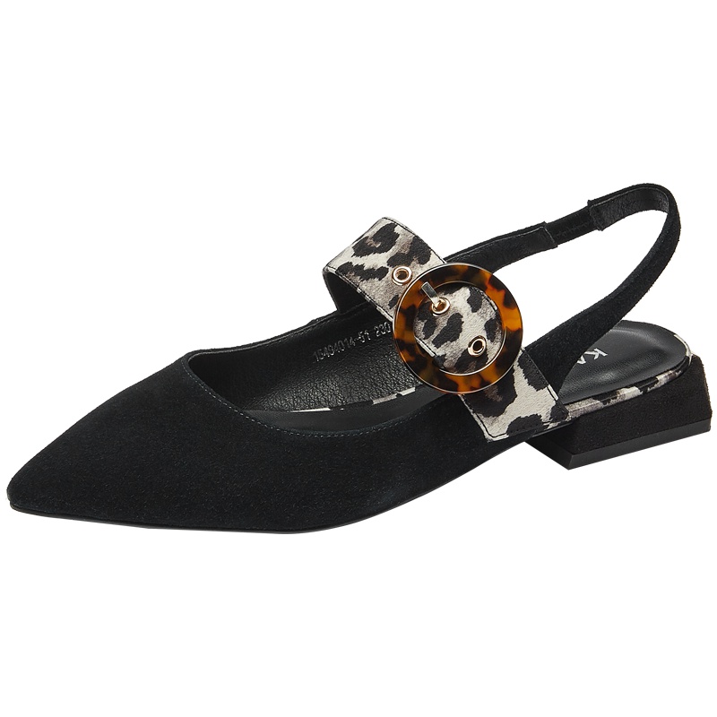 康奈女鞋 夏季新款羊反绒尖头后空凉鞋女低跟时尚豹纹一字条带轻熟优雅通勤女凉鞋15494014