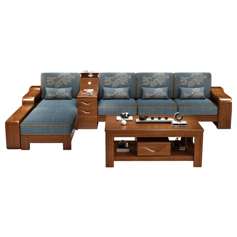月影梳桐胡桃木实木沙发组合小户型现代新中式转角布艺储物沙发客厅家具