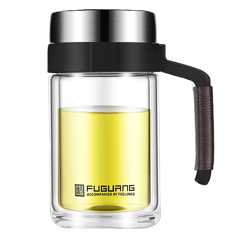 富光(FGA)玻璃茶杯双层大容量带手柄带把茶水分离便携泡茶杯商务办公杯
