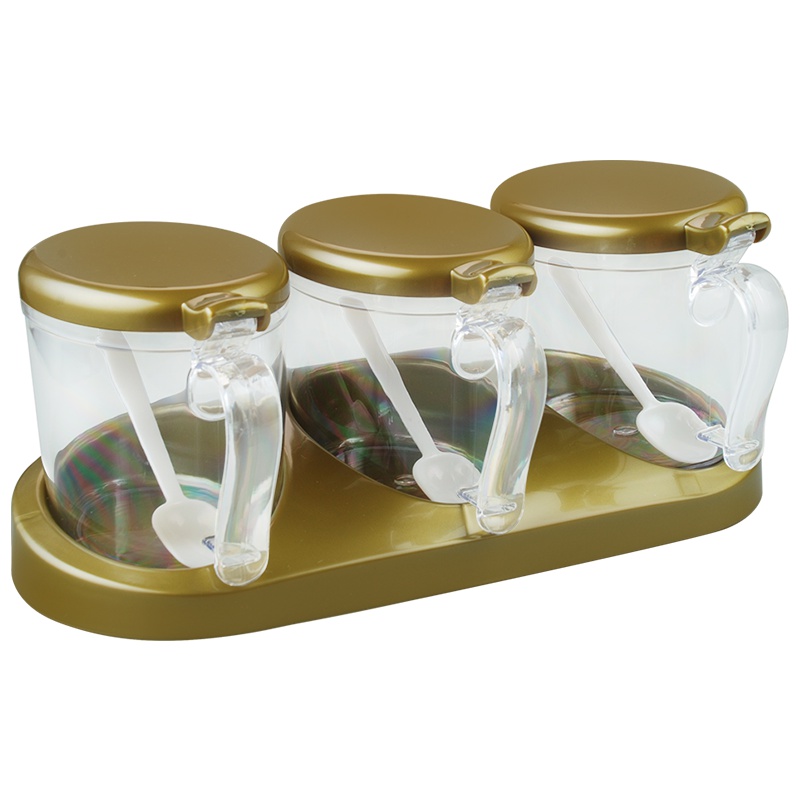 KMW乐活圆形调味盒GtoolsWJ1096食品级盐罐调料盒调味盒透明可视三格套装厨房用品辣椒罐调味料鸡粉生粉味精盒