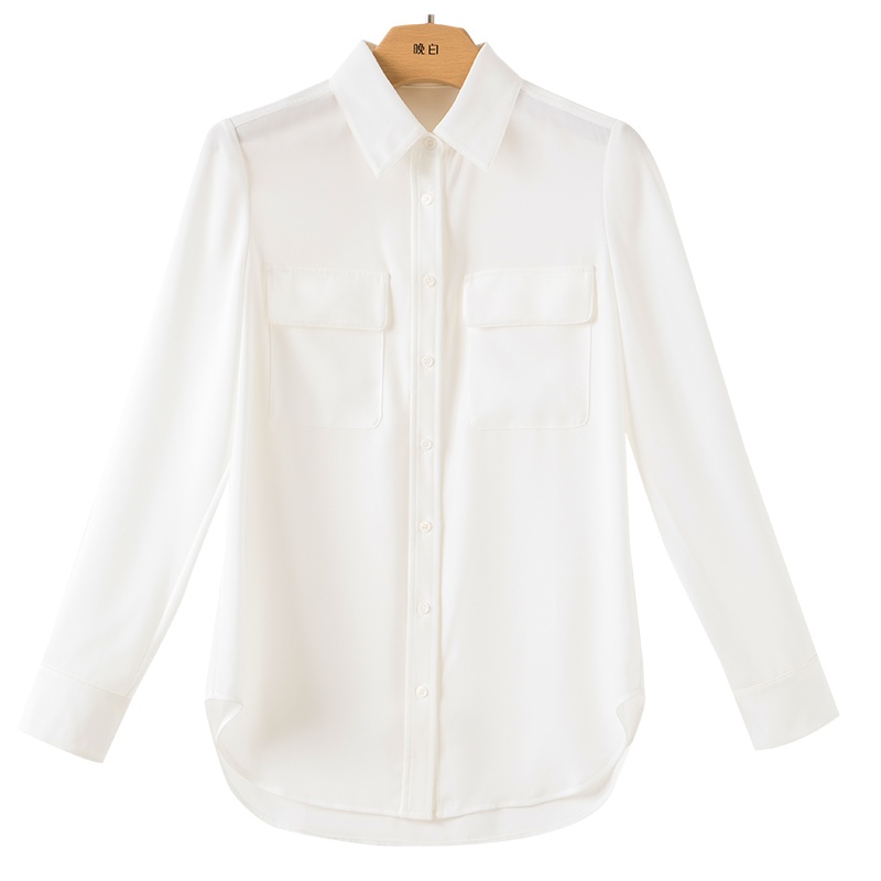 晚白2021春季新品简约纯色百搭翻领长袖单排扣休闲上衣衬衫衬衣女