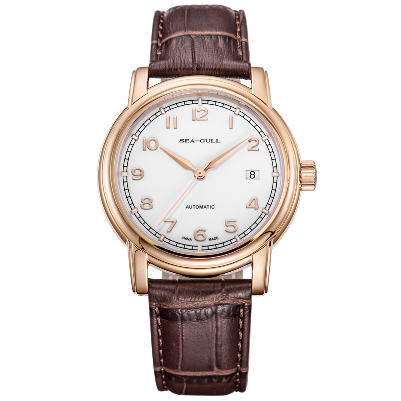 海鸥表(SEAGULL)男士手表时尚商务单历镀玫瑰金男表 自动机械表 D519.628 白盘棕带