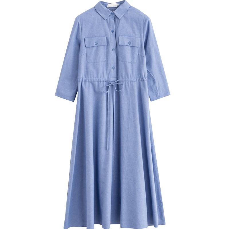 茵曼秋季裙子女2019新款翻领收腰七分袖连衣裙中长款气质洋气过膝