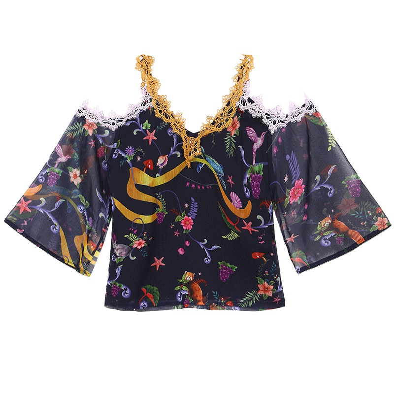 马克华菲女装2019夏装新款复古秦国度假风印花v领吊带背心女上衣