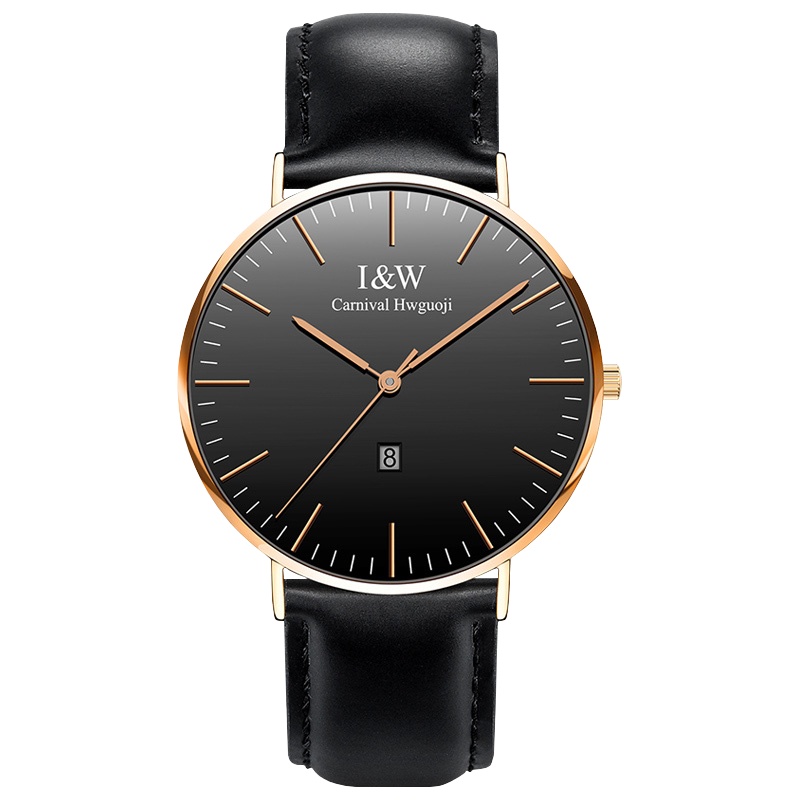 嘉年华CARNIVAL手表石英表 男士表女表纤薄防水日历手表简约休闲时尚英伦风真皮手表日历I&W 8757G-3黑面光面