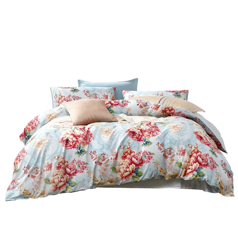 富安娜家纺纯棉印花套件清新风印花全棉床单被套枕套床品三件套四件套