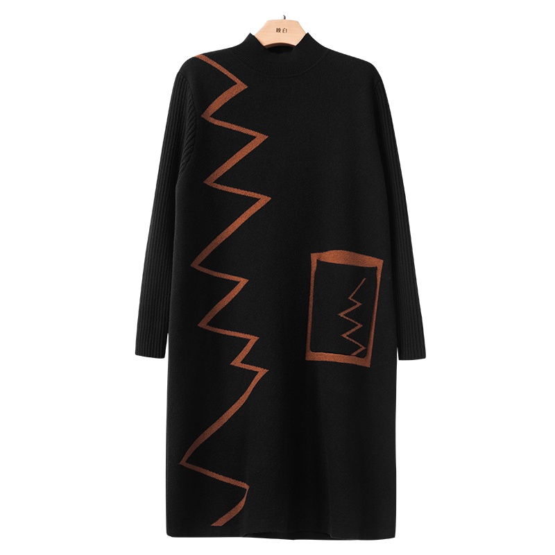 晚白2020春季新品通勤休闲宽松印花显瘦针织裙长袖毛衣裙连衣裙女