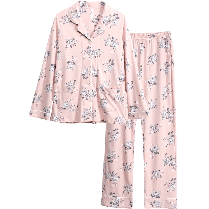 红豆居家(Hodohome)20年新款女士长袖睡衣女式经典花朵印花翻领休闲风家居服套装