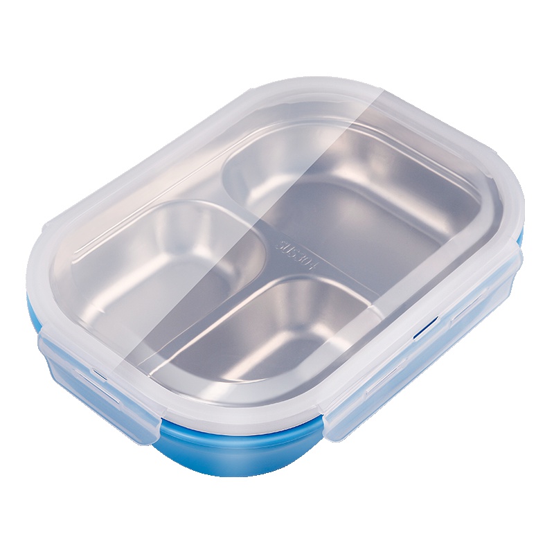 金钥匙(GOLDEN KEY)304不锈钢 分格饭盒双层隔热防烫学生便当盒 蓝色三格GK-300KC-B