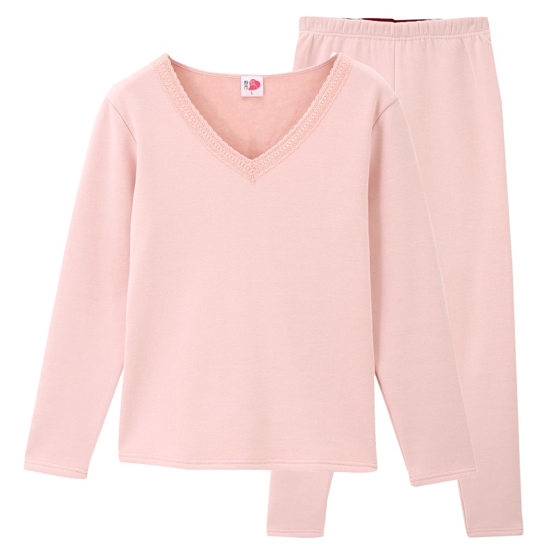 都市丽人纯色蕾丝花边微弹加绒V领厚款秋衣秋裤女士保暖内衣套装2W8110