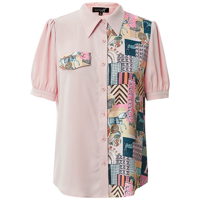 欧昵雪个性涂鸦衬衣夏复古休闲气质上衣贴袋印花短袖衬衫