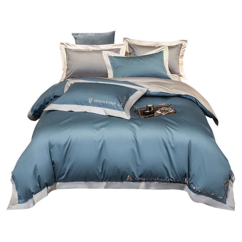 婵思 长绒棉纯色双拼维娅系列四件套维娅-鲜芋灰-天蓝色 200*230cm