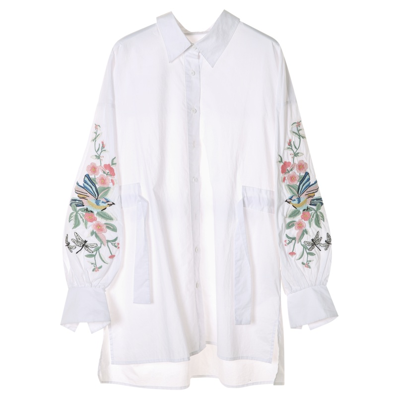 裂帛长袖刺绣衬衫夏装新款收腰腰带百搭落肩喇叭袖白衬衣