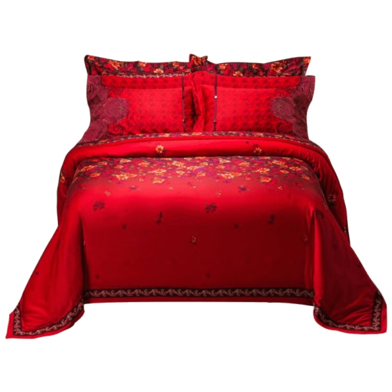 维科家纺大红刺绣提花1.8米床结婚床品婚庆套件九件套多件套