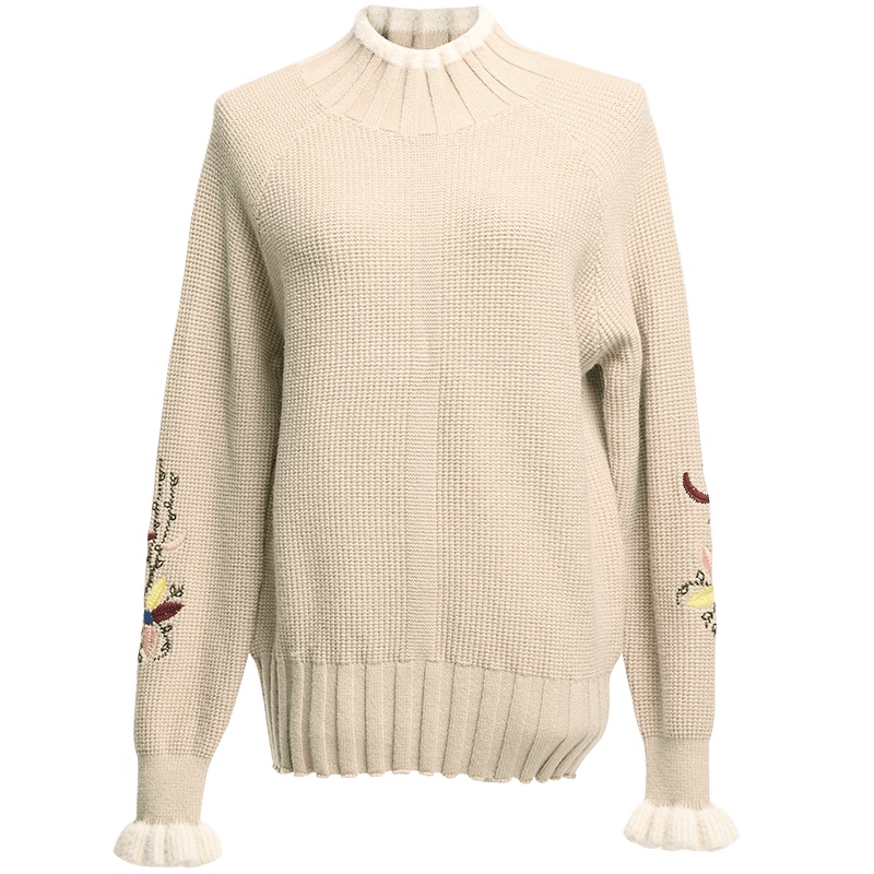 欧昵雪秋冬季绣花长袖宽松休闲半高领套头毛衣女厚针织衫