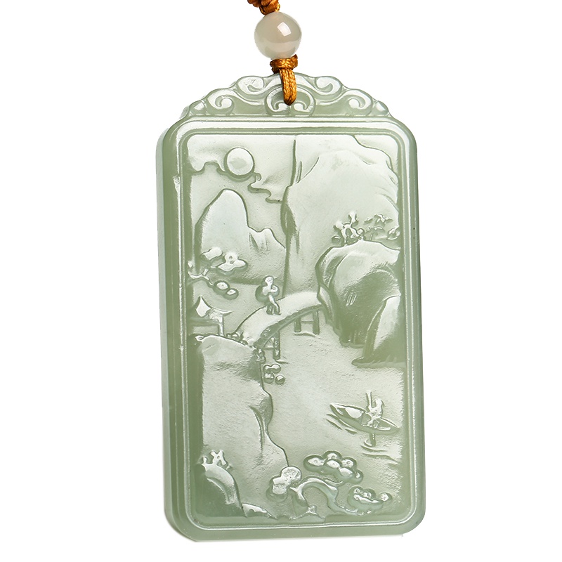 印象眸和田玉山水吊坠 双面雕刻山水福字玉牌挂件 附送证书