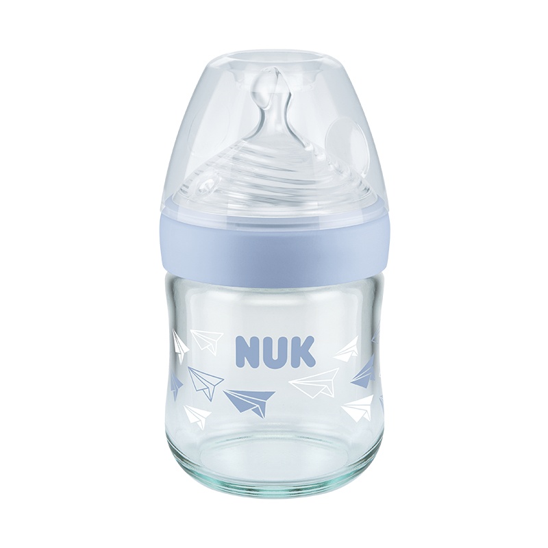 NUK自然母感加宽口玻璃奶瓶120ml初生型带中号硅胶防胀气奶嘴(颜色随机)