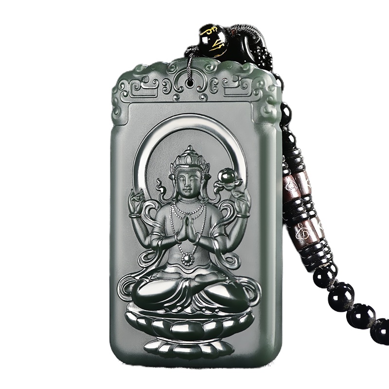 依帝魅和田玉青玉塔青一细料四臂观音玉牌吊坠男款玉佩玉器挂件可定制观音玉牌吊坠