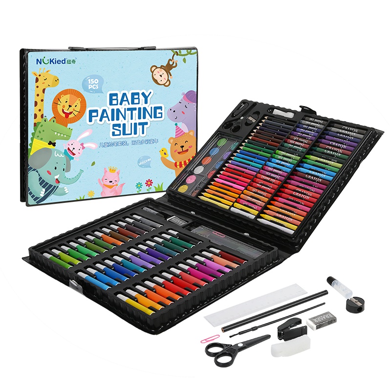 纽奇(Nukied)儿童画笔套装益智玩具绘画水彩笔蜡笔铅笔画笔调色盘彩铅油画棒手提美术绘画套装150PCS[活力蓝]