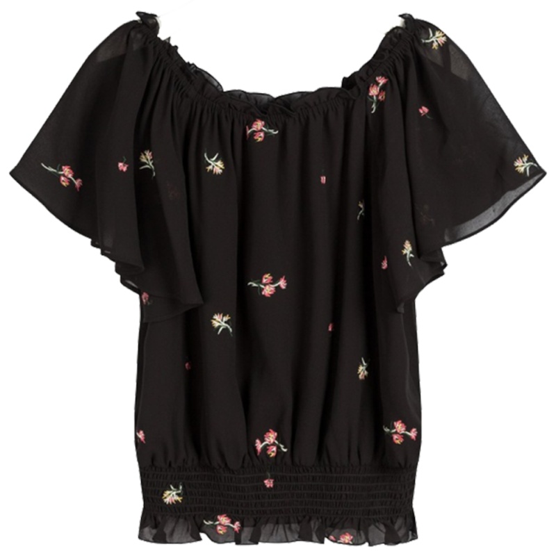 【专柜同款】女式女雪纺衫雪纺短袖女夏上衣韩版一字肩小衫10016378