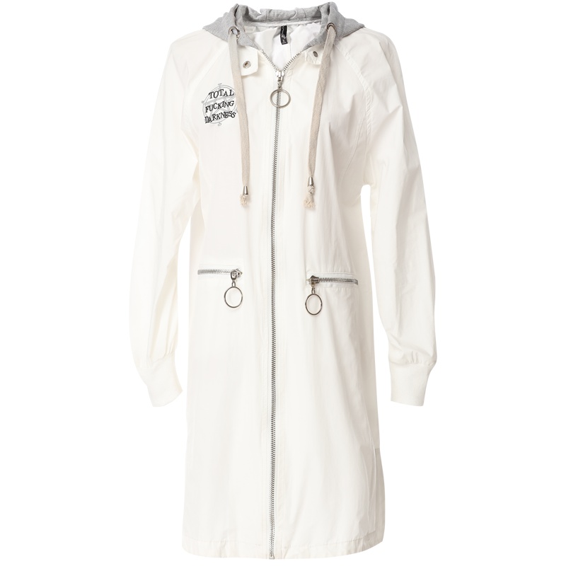 欧昵雪秋装宽松休闲连帽抽绳绣花字母中长款风衣外套女