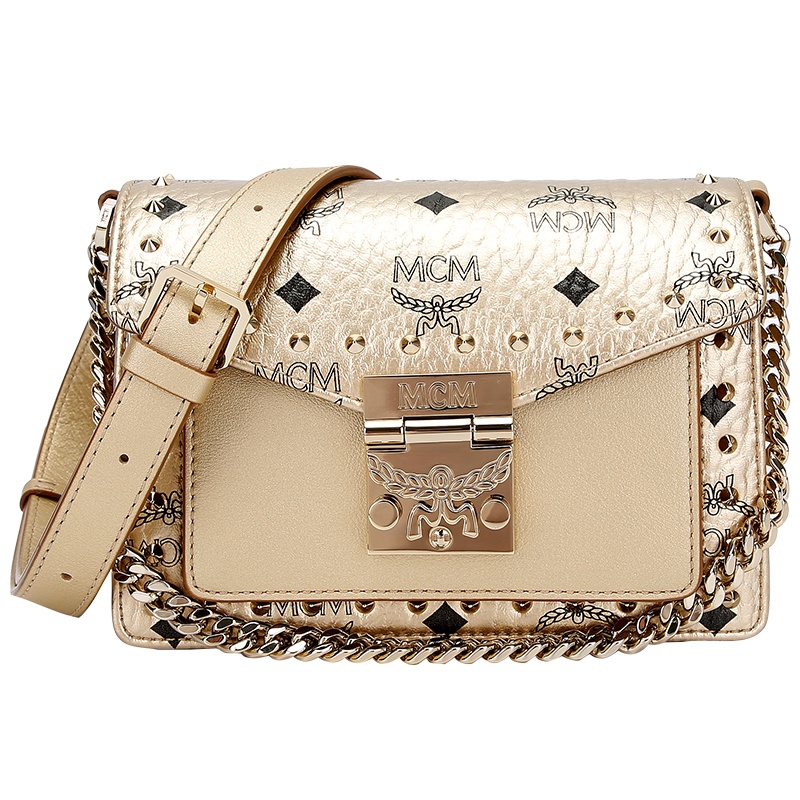 MCM奢侈品新款女士Patricia系列棕色经典铆钉迷你单肩斜挎包风琴包礼物送女友MWRAAPA04CO001