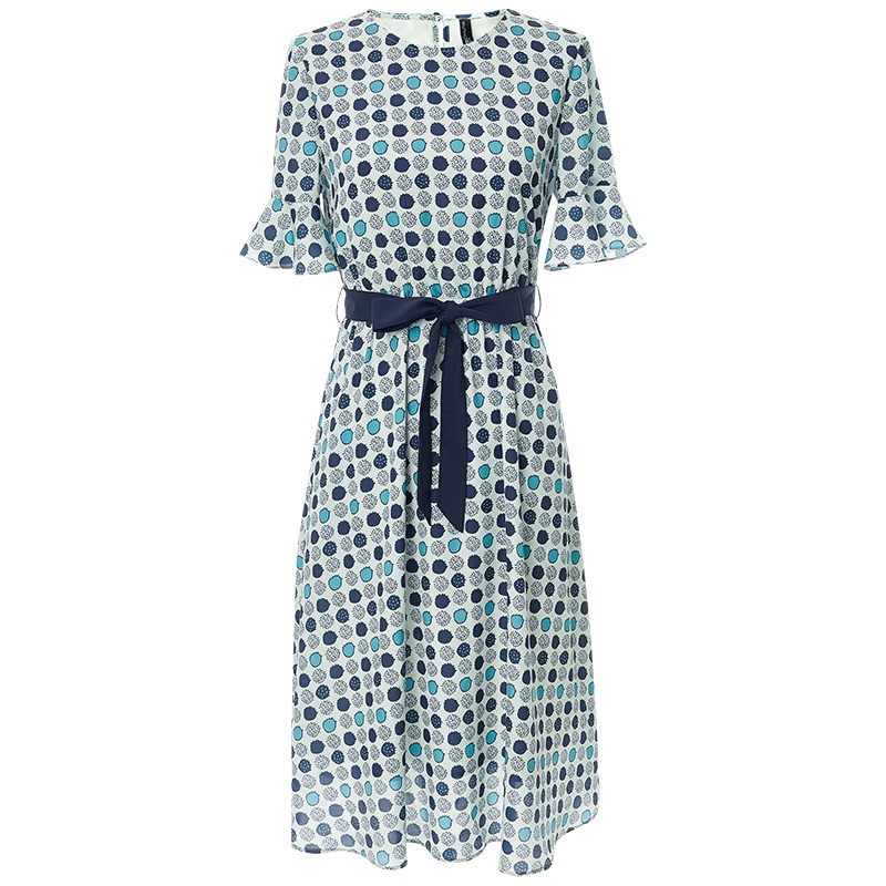 欧昵雪文艺风喇叭袖裙子通勤圆领收腰几何印花连衣裙女